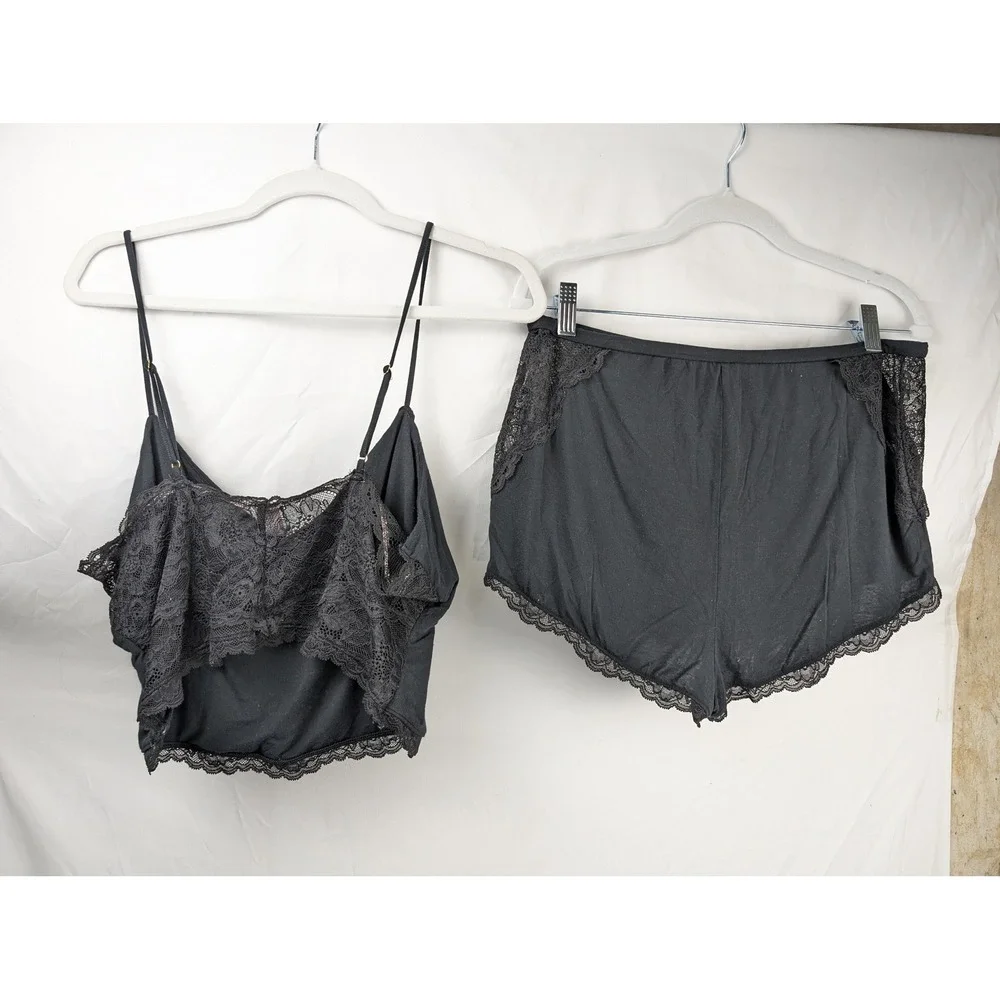 Victorias‎ Secret Sheer Lace Cami Shorts Pajama Set Sz L Black PJs Lingerie Sexy